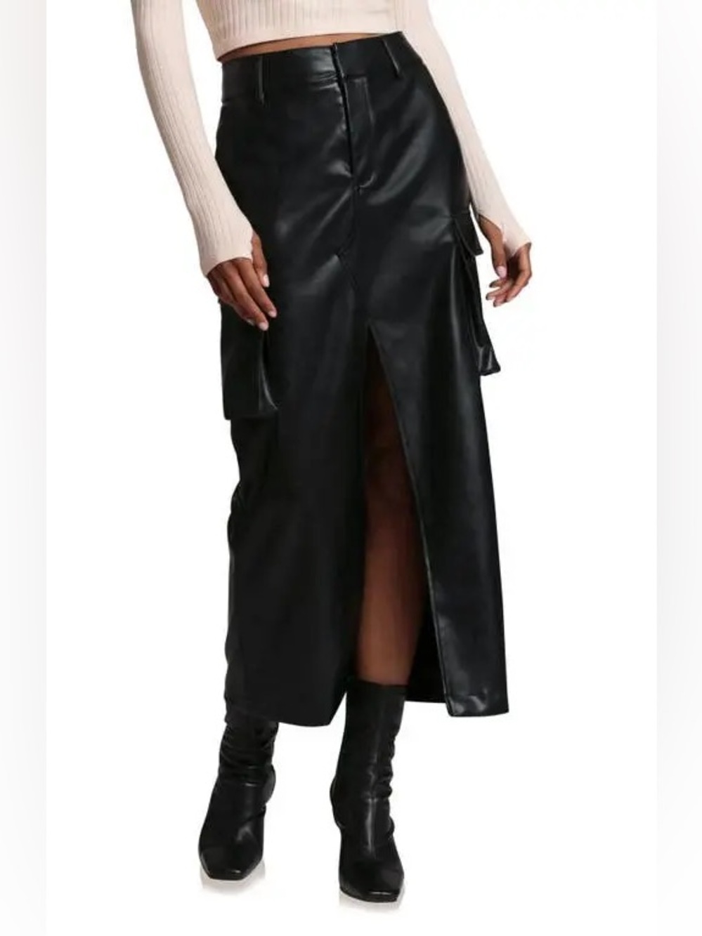 Avec Les Filles Black Faux Leather Maxi Skirt with Front Slit and Cargo Pockets